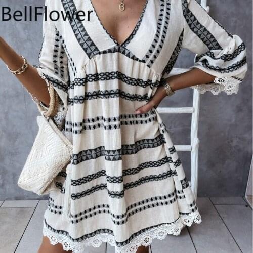 Lace Woman Dress Summer 2021 Bohemian Princess Dresses A-LINE V-Neck Geometric Korean Fashion Beach Sexy Vestidos De Mujer