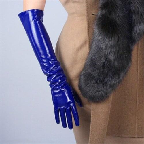 2020 Patent Leather Long Gloves 50cm Long Section Emulation Leather PU Leather Mirror Bright Royal Blue Dark Blue Female PU30