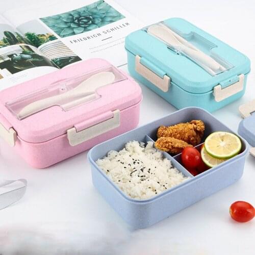 Microwave Lunch Box Wheat Straw Dinnerware With Spoon Chopsticks Food Storage Container Children Kids School Office Bento Box