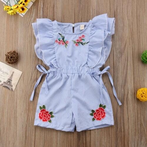 Cute Summer Toddler Baby Girl Romper Ruffle Sleeveless Elastic Waist Floral Print Striped Lace Up Playsuits Outfits for 1-5Y