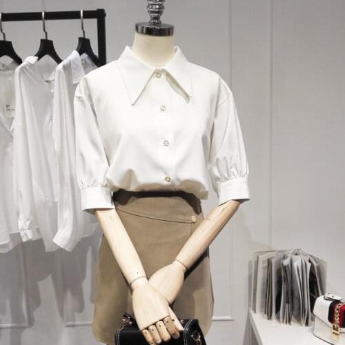 Fashion Design Women White Shirts Summer New 2021 Turn-Down Collar Button Half Sleeved Slim Elegant Office Lady Outwear Tops