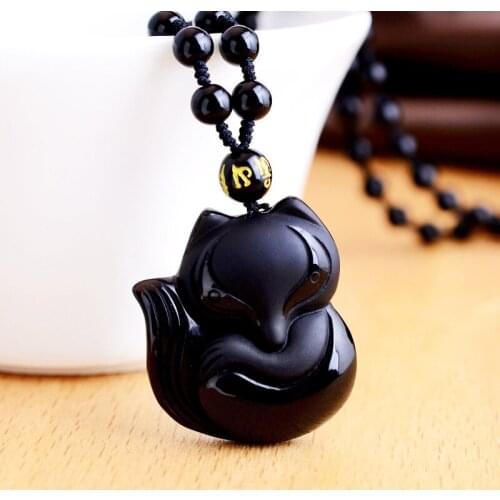 JoursNeige Natural Black Obsidian Pendant Beads Fine Carving Fox Pendants Necklace Lucky Brave Amulet For Women Men Pendant