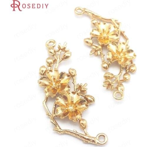40261)10PCS 17x44MM 24K Champagne Gold Color Brass 2 Holes Flower Connect Charms Pendants Jewelry Making Supplies Diy Findings