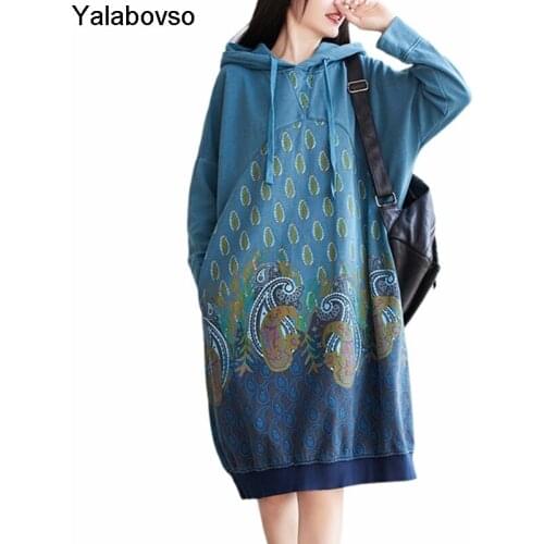 Medium Length Sweatshirts Straight Hoodies For Female With Hat Womens Autumn And Winter New National Style Printed Hooded Tops