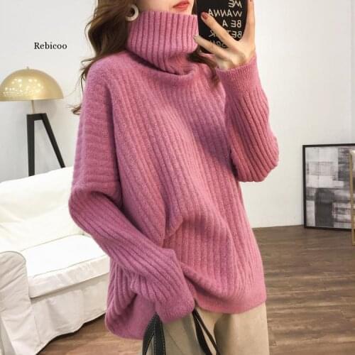 Loose lazy wind solid color pit strip high collar pullover sweater female long-sleeved knitted top new