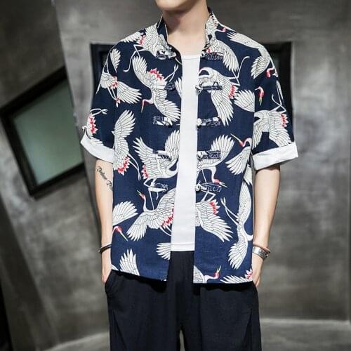 Crane Printing Traditional Chinese Clothing for Men Vintage Short Sleeve Collar Linen Shirts Tang Suit Hanfu China Style Clothes