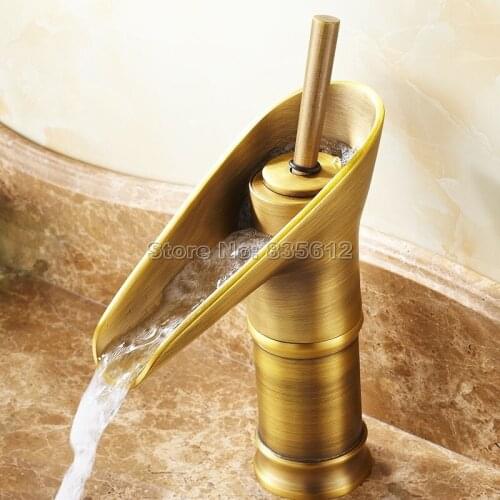 Bathroom Waterfall Tap Antique Brass Finish Single Handle Basin / Sink Faucet Deck Mounted Cold and Hot Water Faucets Wnf090