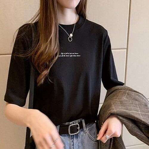 QRWR T Shirt 2021 Summer Korean Fashion Casual Solid Color Womens T Shirts Top O Neck Loose Letter Print Short Sleeves Top