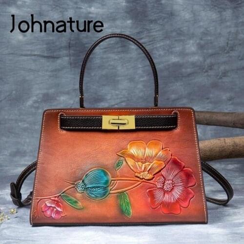 Johnature Vintage Elegant Women Bag 2021 New First Layer Cow Leather Handbag Handmade Embossed Large Capacity Shoulder Bags