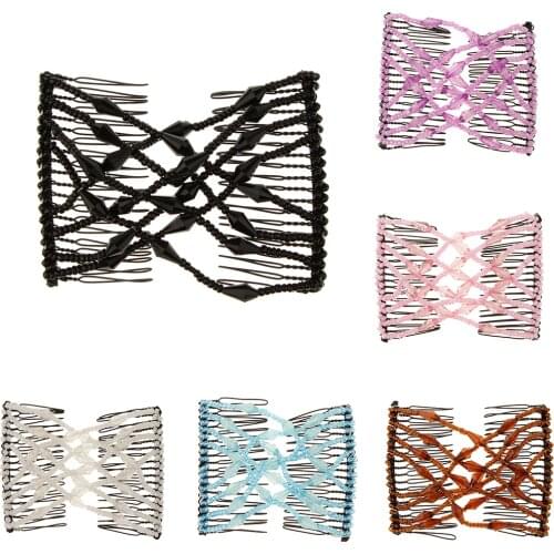Women Ladies Plastic Beads Double Hair Comb Clip Stretchy Hair Party