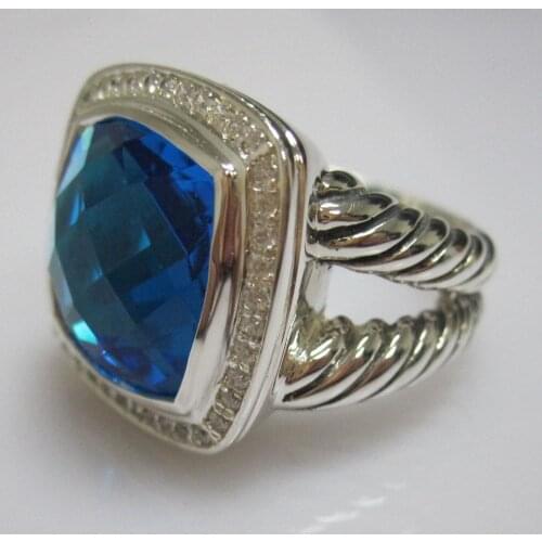 Solid 925 Silver Jewelry 14mm Blue Topaz Ring Design Brand Sterling Silver Jewelry Amethyst Black Onyx Citrine Women Ring