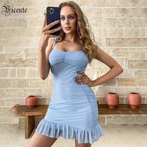 VC Sexy Female Mini Skirt Draped Design Lace-up Shoulder Strap Ruffled Sleeveless Square Collar Short Sling Dress