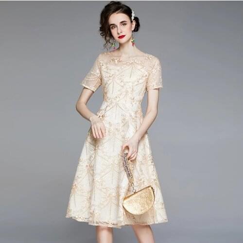 High Quality Women Slim Sequins Embroidery Mesh Dress 2021 New Fashion Vintage O-Neck Short Sleeve Elegant Ladies Party Dresses