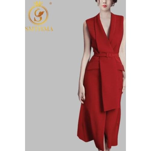 SMTHMA High Quality OL Ladies High-end Red Notched neck Sleeveless Blazer Dress 2019 New Vintage High Waist Party Dress vestidos