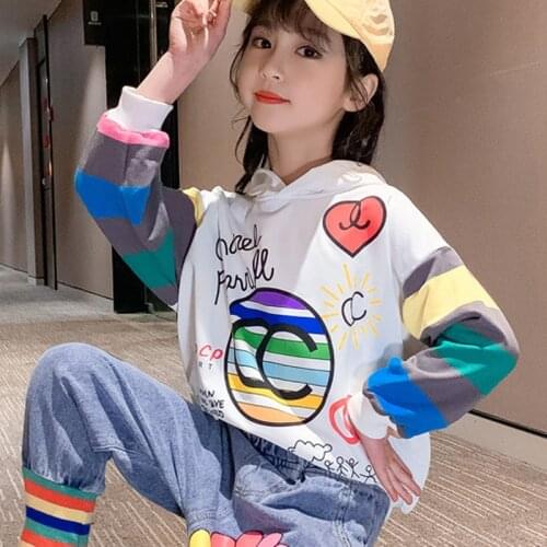 2020 Autumn Cothes Korean ChildrenS Clothing Hooded Cartoon Sweater Denim Jeans 2Pcs Fashion Big Kids Girls' Suits 4-13Y