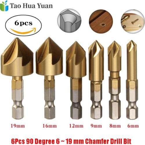 6pcs 90 Degree 5 Flutes Chamfering Cutter 6-19mm Titanium Coated Chamfer Drill Bit 1/4 Hex Shank Countersink Drill Bit Sets AA