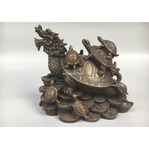 8''classica Red Bronze carved Home Fengshui animal Dragon Turtle & nine tortoise