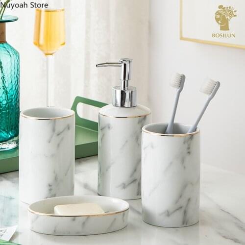 Nordic Bathroom Accessories White Gold Rim Marbled Toothbrush Cup Lotion Bottle Soap Dish Luxury Bathroom Decoration Accessories
