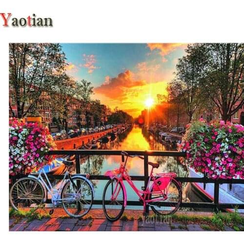 5D Diamond Painting Kits Europe Town Bicycle Scenery Needlework DIY Diamond Embroidery Paint With Mosaic Rhinestone Decoration