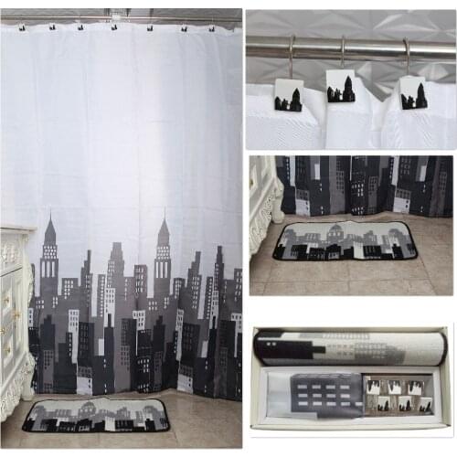 New 14 Pcs Bathroom Shower Curtain w. Hand-painted Hooks 72x72"Crutains Rug Set