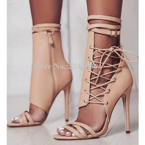 Woman New Beige Leather Side Lace-up Short Sandals Boots Sexy Design Cross Buckle Stiletto Heel Sandals Shoes Lady Fashion Heels