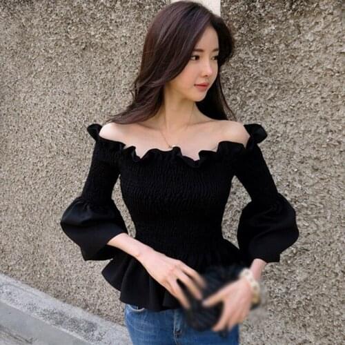 New Women Autumn Tops Korean Style Fashion Square Shoulder Ruffles Design Flare Sleeve Top T-Shirt