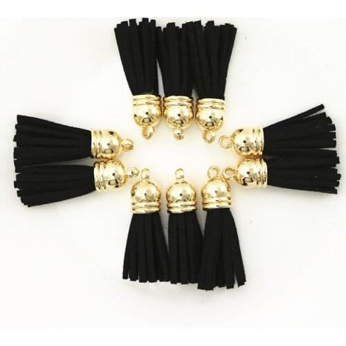 OneckOha 20pcs/Lot 4cm Length Black Suede Leather Tassel Charm Gold Zinc Alloy Caps Jewelry Findings
