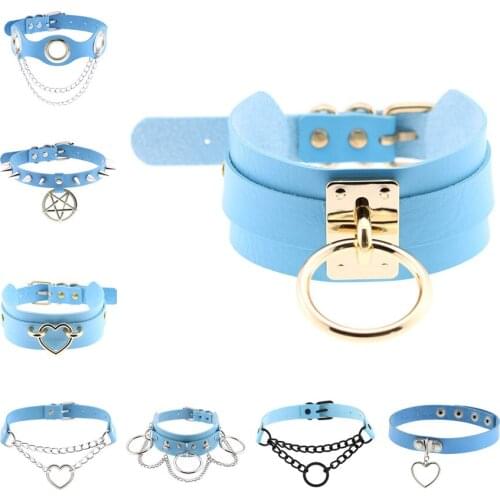 Sex Flirting Toys of Female Sexy Blue Leather Rock Punk Choker Necklace Bondage Collar for Women Fetish Bdsm Exotic Accessories
