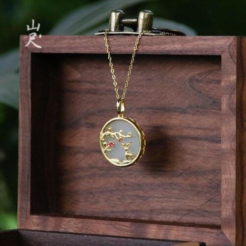 Natural Hetian Jade White Jade Double-Sided Wearing Pendant S925 Sterling Silver Sika Deer Jade Necklace Gift for Mother