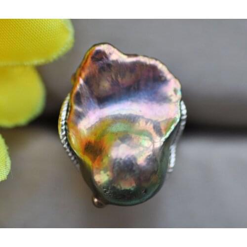 P7586 25mm Peacock-Black Baroque Reborn Keshi Pearl Ring