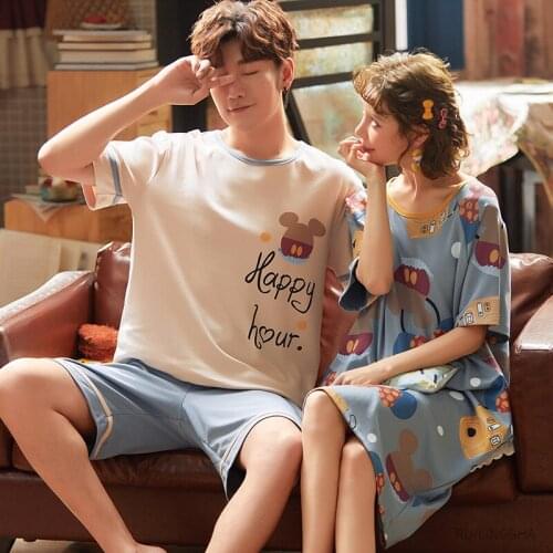 Couple Pyjamas 100% Cotton Nightgowns Women knitted Knee-Length Night Dress Men Pajama Sets Cartoon Lingerie Plus Size Sleepwear
