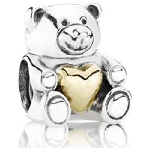 Authentic 925 Sterling Silver Charm Gold Color Heart Lovely Bear Bead CHARMS Fit Original Pandoras Charm Bracelets & Necklace