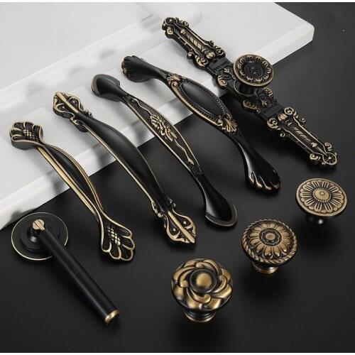 Retro Black Brass Handle Copper Antique Wardrobe Cupboard Cabinet Door Handle Drawer Pulls Dresser Knobs Decor Furniture Handles