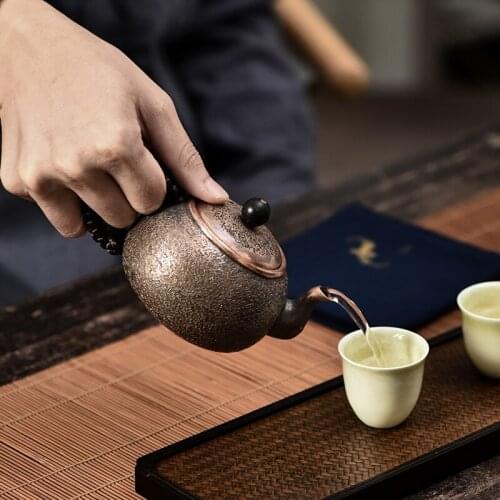 Hand made stone pattern pure copper teapot Japanese retro bronze small tea pot Kungfu tea set water kettle teaware gift