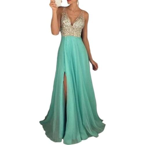 Party Sexy Fashionable Women Sleeveless Sequined Deep V Neck Long Skirt Dress