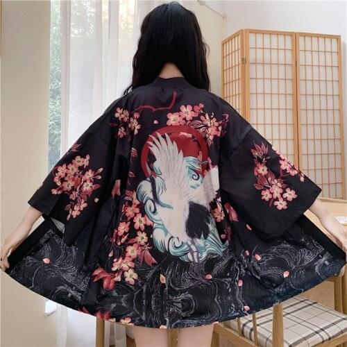 Japanese Kimono Women Yukata Female Summer Beach Cardigan Haori Obi Japan Traditional Kimono Streetwear Shirt Black Vintage