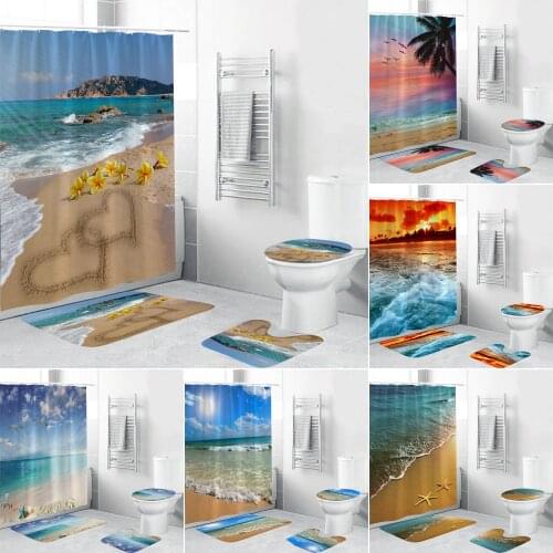 180x180cm Sunny coastal Beach Printed Fabric Shower Curtains Bathroom Curtain Anti-skid Rugs Toilet Lid Cover Bath Mat set