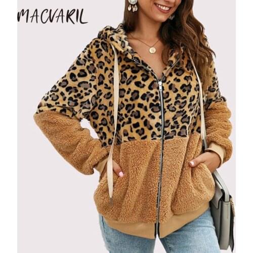 Women Autumn Winter Jackets Leopard Style Print Color Block Patchwork Female Jacket Zip Hooded Outwear Coat veste femme manteau