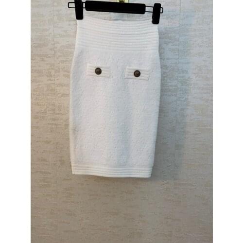 High 10.28 New Style Waist Fashion Wool Knitted Women Gold Button Argyle Patchwork Slim Package Hip Skirt