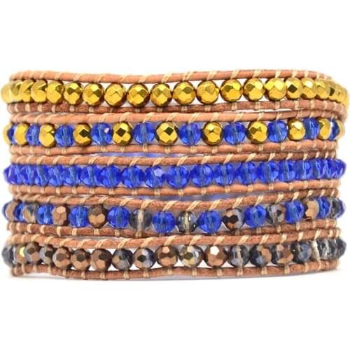 Women Leather Bracelets High End Mix Crystal Hematite Stones Wrap Bracelets Vintage Weaving Bead Bracelet Dropshipping