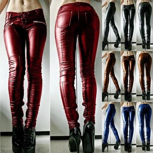 Kalenmos 5XL Solid Color Strap Tight-fitting Leather Pants Stitching Zipper Fashion Mid-waist Pleated Pocket PU Trousers Women