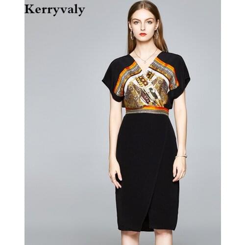 Summer Printed Stitching Split Silk Satin Dress Ropa Mujer Verano 2021 V-neck Black Bodycon Dress Robe Femme Sukienki K9103