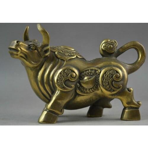16.5cm Rare Handwork Old Copper Carving Precious Bull Tial Carving Nyoi Showily Statue tools wedding Decoration Brass Bronze