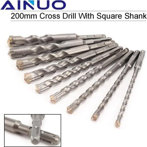 200mm Electric Hammer Drill Bits 13/16/20/25/32mm Cross Type Tungsten Steel Alloy SDS Plus Square Shank for Masonry Concrete