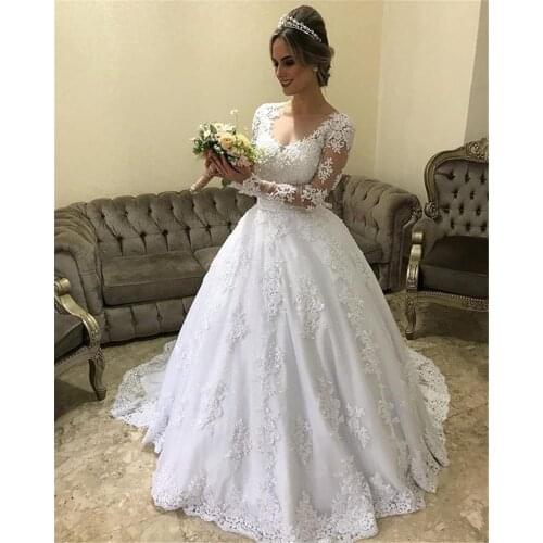 2020 Elegant Ball Gown Wedding Gowns Tulle Lace Applique Court Train Long Sleeve Wedding Dress Vestido De Noiva