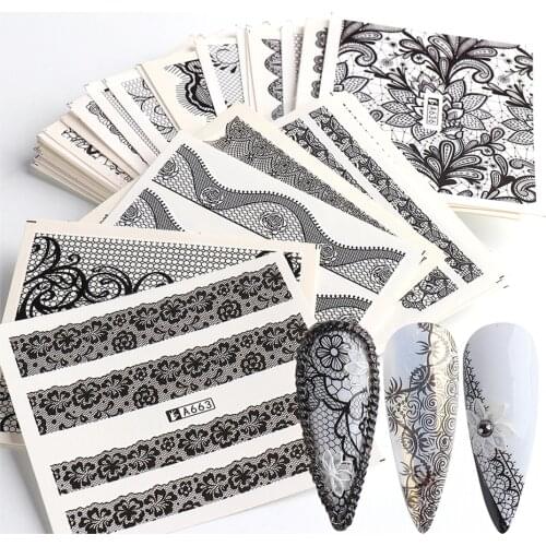 24 Designs Black White Lace Nail Stickers Flower Nail Art Water Decals Decoration Sliders for Nail Accessories Tip BEA625-672