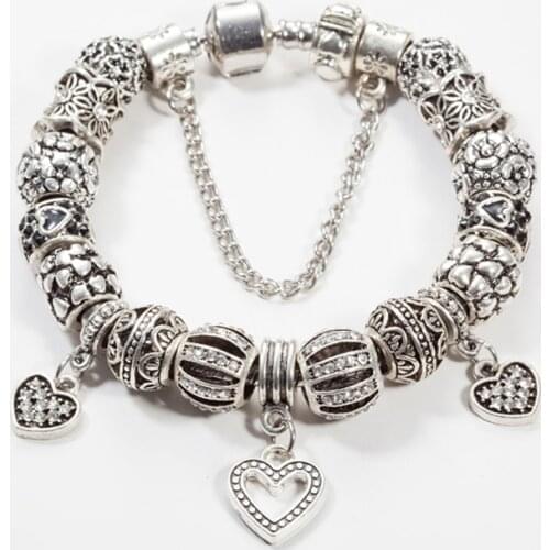 ANNAPAER Dropshipping Heart Charm Bracelet For Women With Flower Crystal Beads Brand Silver Color Bracelet DIY Jewelry B15373