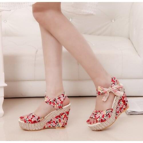 Summer Shoes Woman Flower Peep Toe Wedges Lace Up Thick Bottom Flatform Shoes Sandals Zapatos Mujer