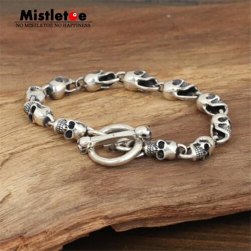 Authentic 925 Sterling Silver Vintage Punk Locomotive Lucky Skulls Link Bracelet For Women & Men Jewelry