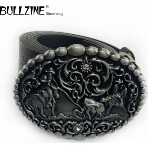 Bullzine zinc alloy retro western horse BELT BUCKLE cowboy jeans belt buckle pewter finish free PU belt FP-03691 drop shipping